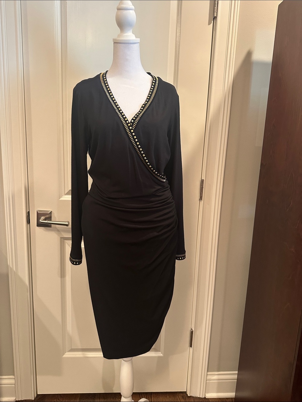 Cache Black Stud-Trim Wrap Midi Dress